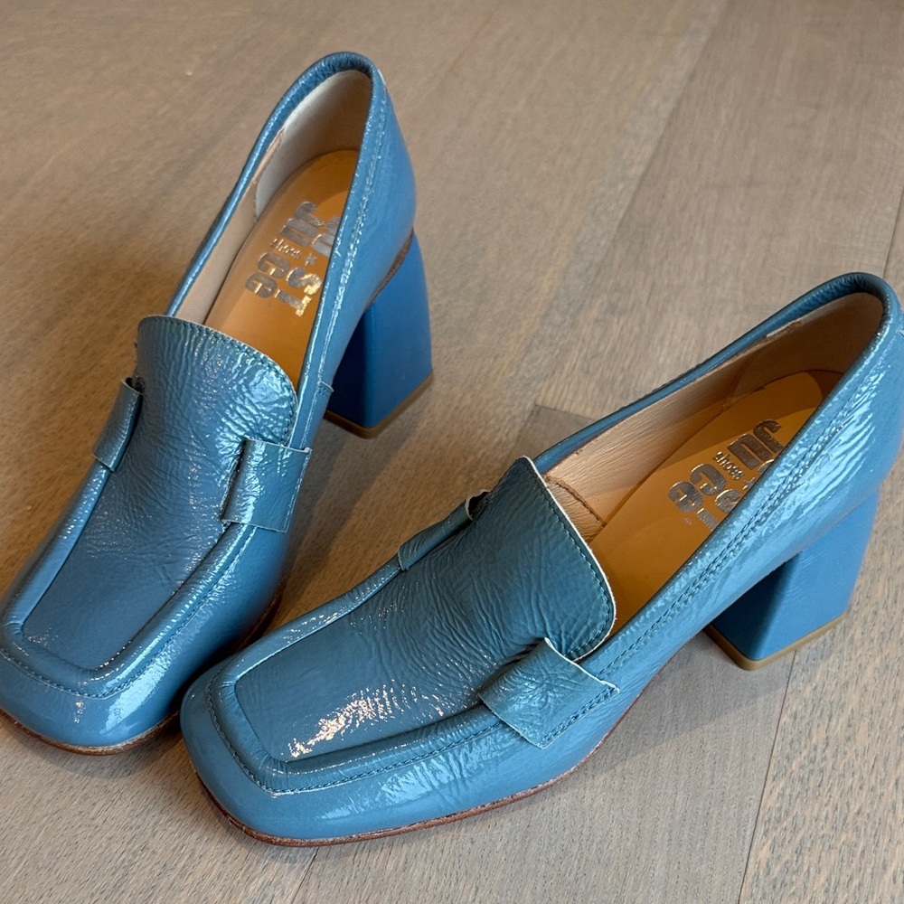 Blue Patent Leather Block Heel Loafers by J. Crew